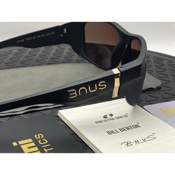 NEW BNUS Bill Benton Matte Black Polarized Sunglasses Brown HD Lenses Italy Gold - Picture 9 of 16